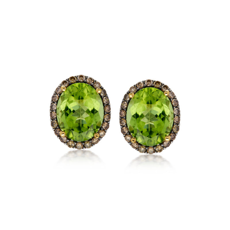 C. 1990 Vintage 6.20 ct. t.w. Oval Peridot Earrings with .65 ct. t.w. Brown Diamonds in 14kt Yellow Gold