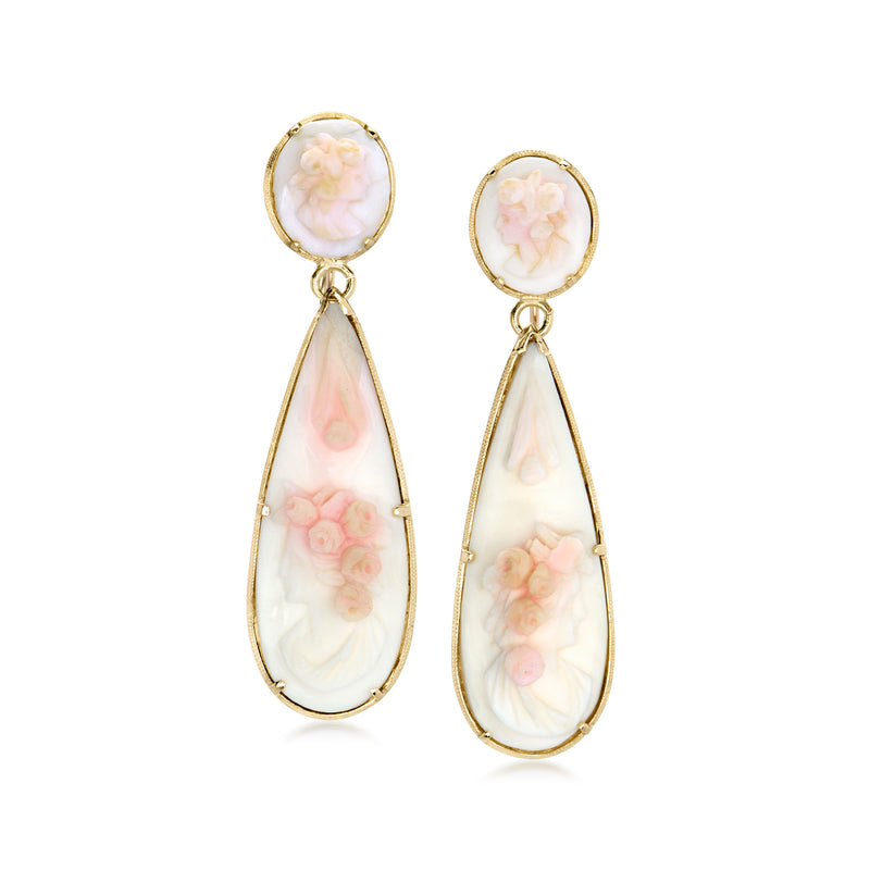 C. 1970 Vintage Pink Coral Cameo Drop Earrings in 14kt Yellow Gold