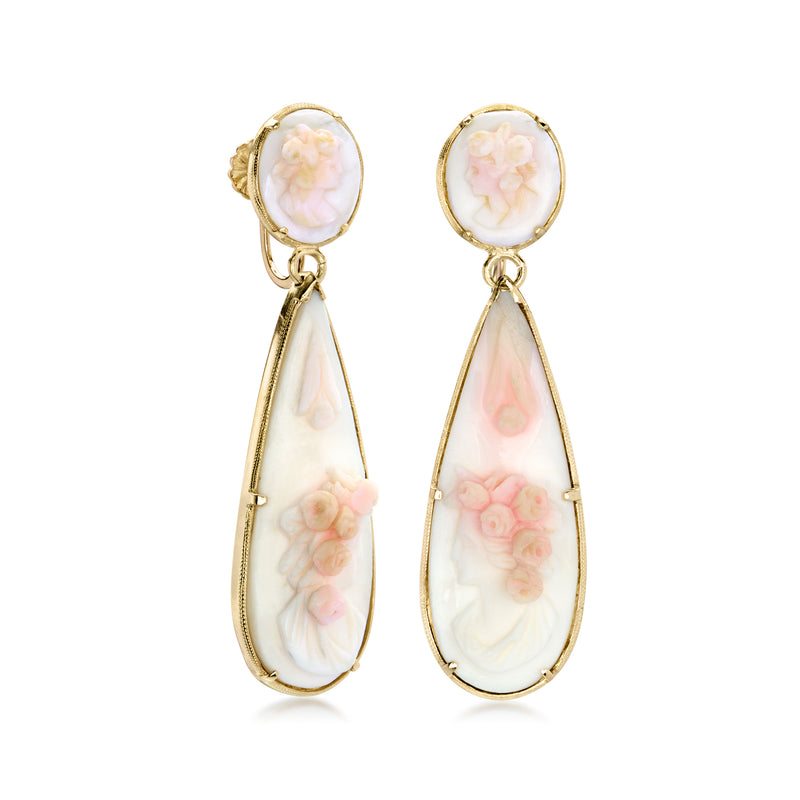 C. 1970 Vintage Pink Coral Cameo Drop Earrings in 14kt Yellow Gold