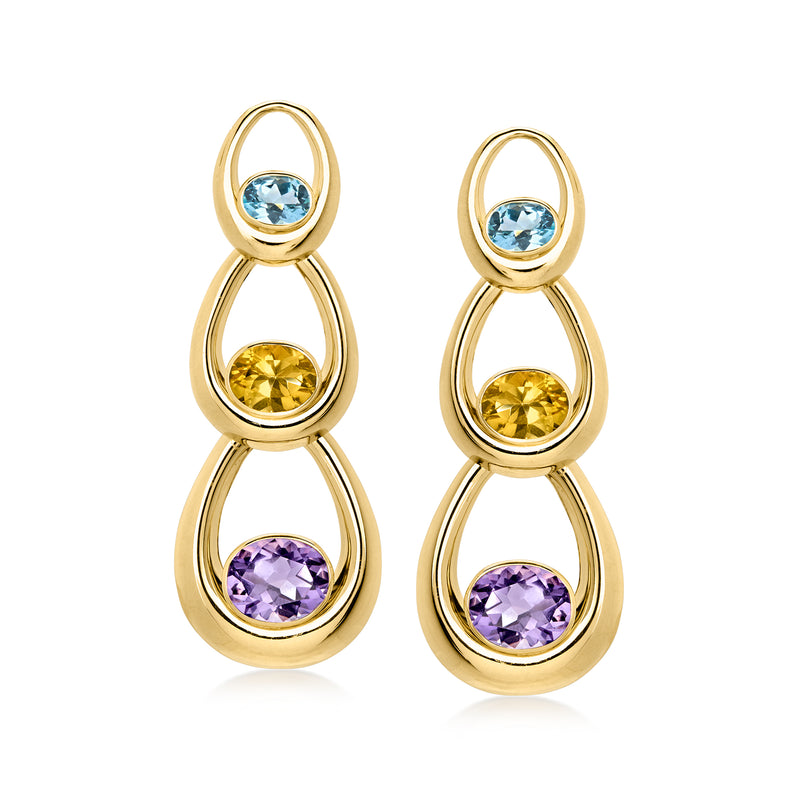 C. 1980 Vintage 17.80 ct. t.w. Multi-Gemstone Oval Drop Earrings in 14kt Yellow Gold