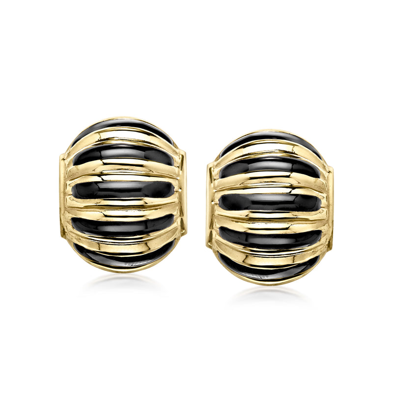 Vintage clip-on earrings with black enamel ridged round design in yellow gold