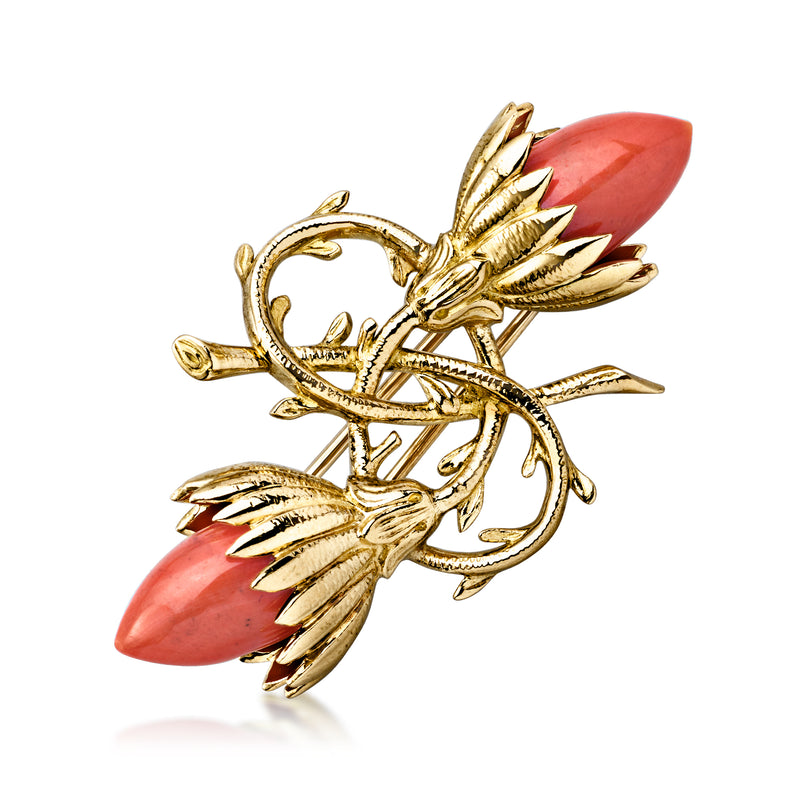 Vintage yellow gold floral pin with coral cabochon petals and leaf accents