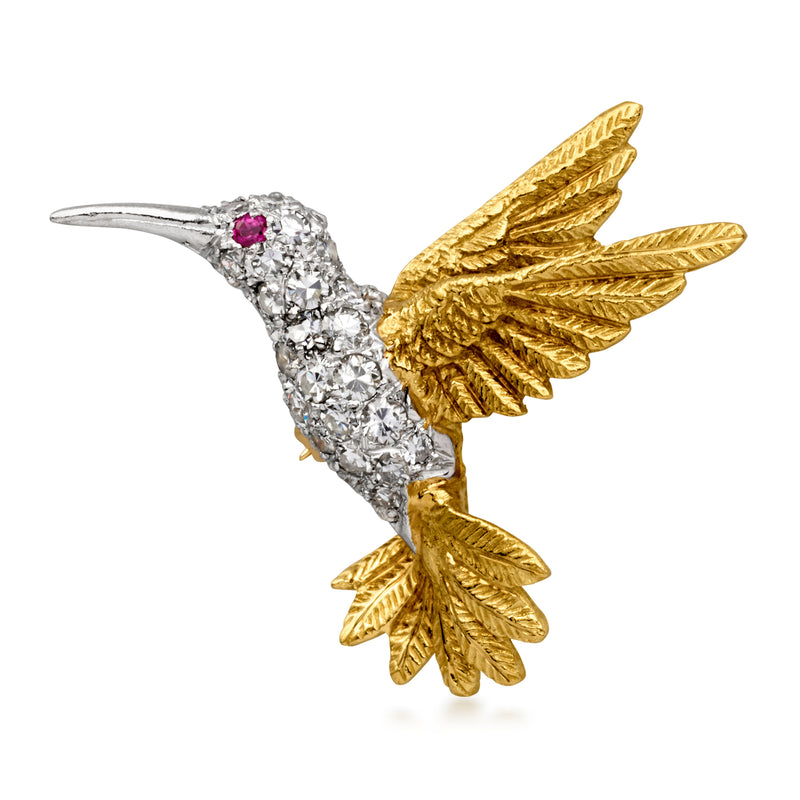C. 1980 Vintage .70 ct. t.w. Diamond Hummingbird Pin with Single Ruby in Platinum and 18kt Yellow Gold