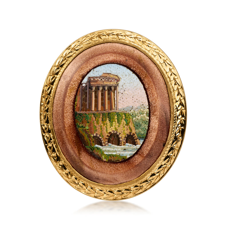C. 1970 Vintage Multicolored Glass and Goldstone Micro-Mosaic Pin in 14kt Yellow Gold. Pin