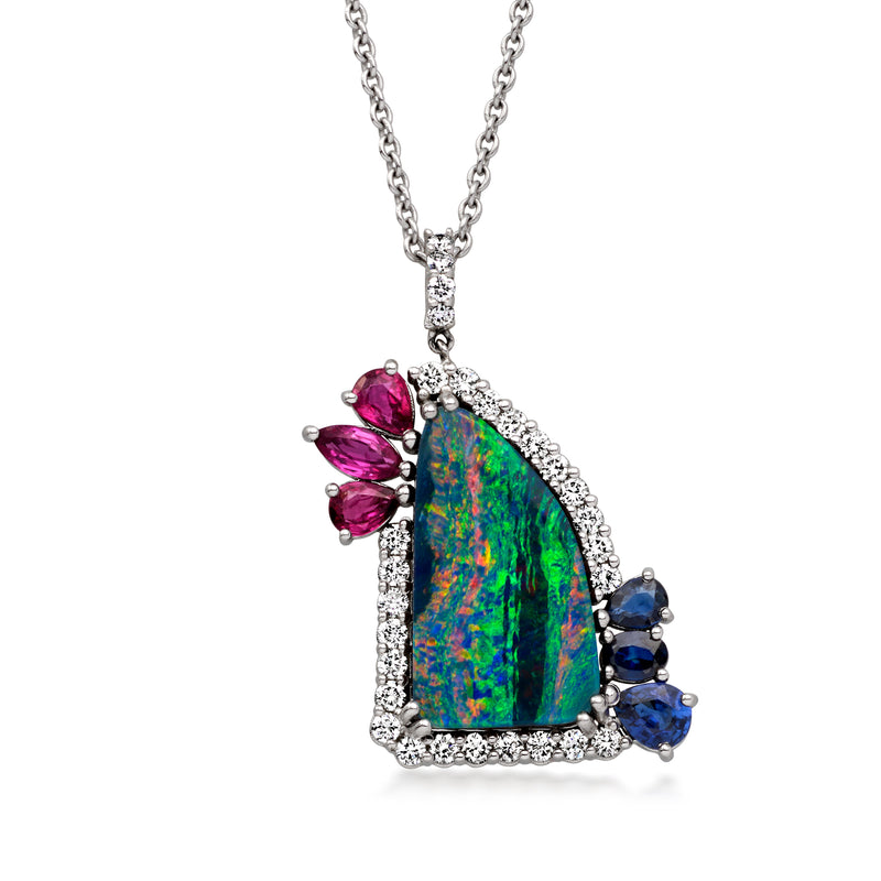 C. 2000 Vintage Black Opal, .70 ct. t.w. Sapphire and .60 ct. t.w. Ruby Pendant Necklace with .80 ct. t.w. Diamonds in 14kt White Gold. 17"