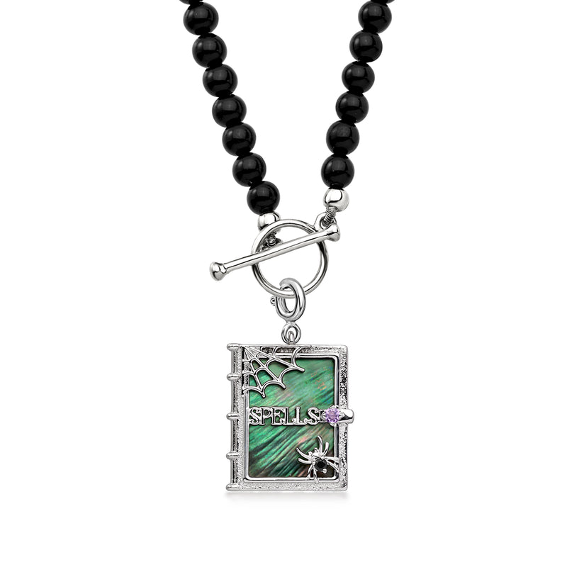 Black Mother-of-Pearl Spell Book Charm with Amethyst and Black Spinel in Sterling Silver