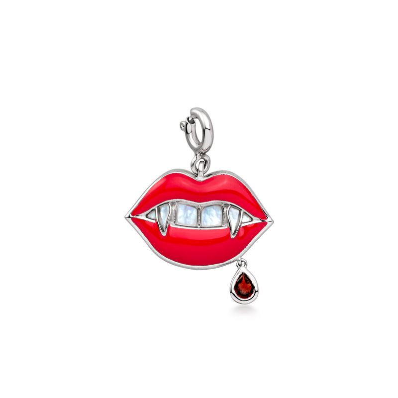 Mother-of-Pearl and .10 Carat Garnet Vampire Mouth Charm with Red Enamel in Sterling Silver