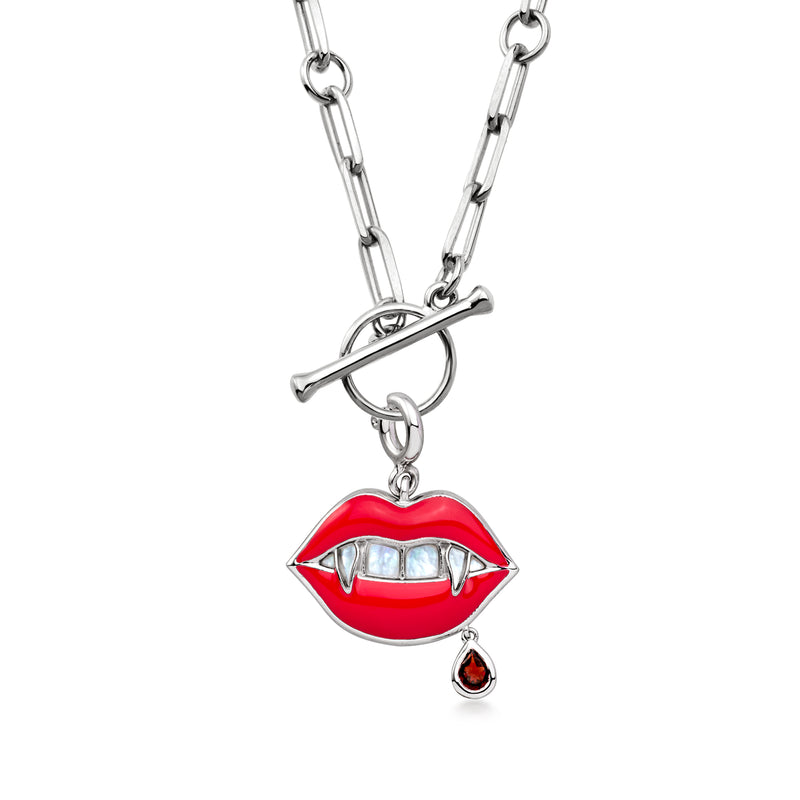 Mother-of-Pearl and .10 Carat Garnet Vampire Mouth Charm with Red Enamel in Sterling Silver