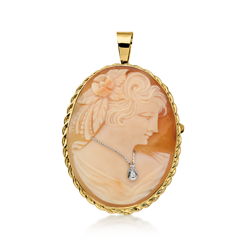 C. 1980 Vintage Orange Shell Cameo Pin/Pendant with Single Diamond in 14kt Two-Tone Gold