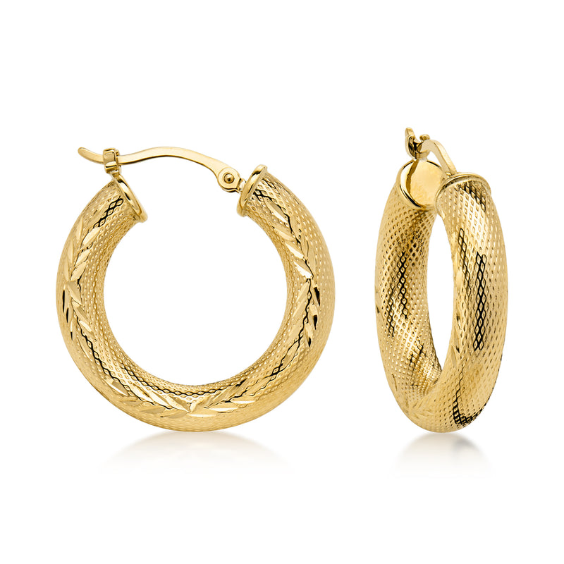 C. 1990 Vintage 14kt Yellow Gold Etched Hoop Earrings. 7/8"