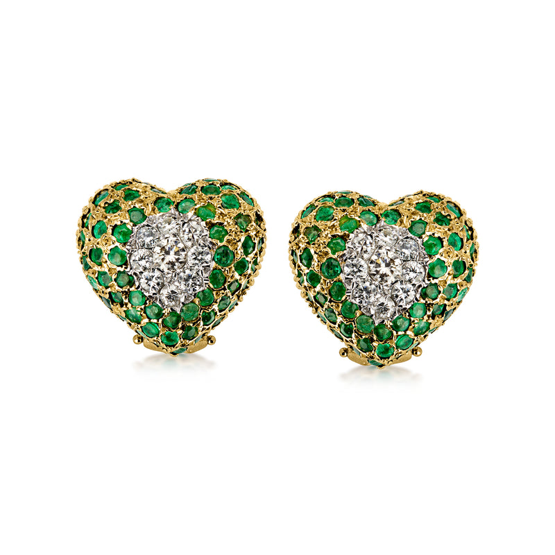 C. 1980 Vintage 2.30 ct. t.w. Emerald and .60 ct. t.w. Diamond Heart Earrings in 14kt Yellow Gold