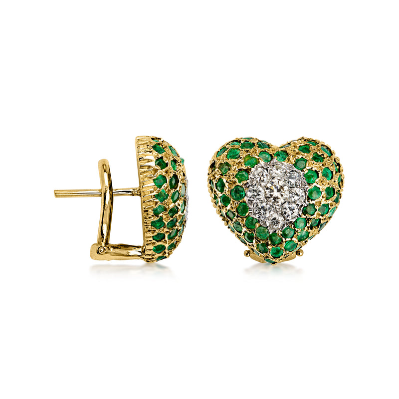 C. 1980 Vintage 2.30 ct. t.w. Emerald and .60 ct. t.w. Diamond Heart Earrings in 14kt Yellow Gold