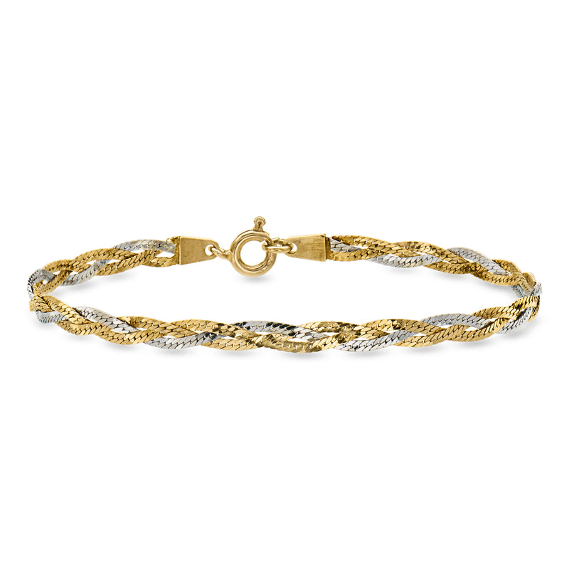 C. 1980 Vintage 14kt Two-Tone Gold Braided Herringbone Bracelet. 7"