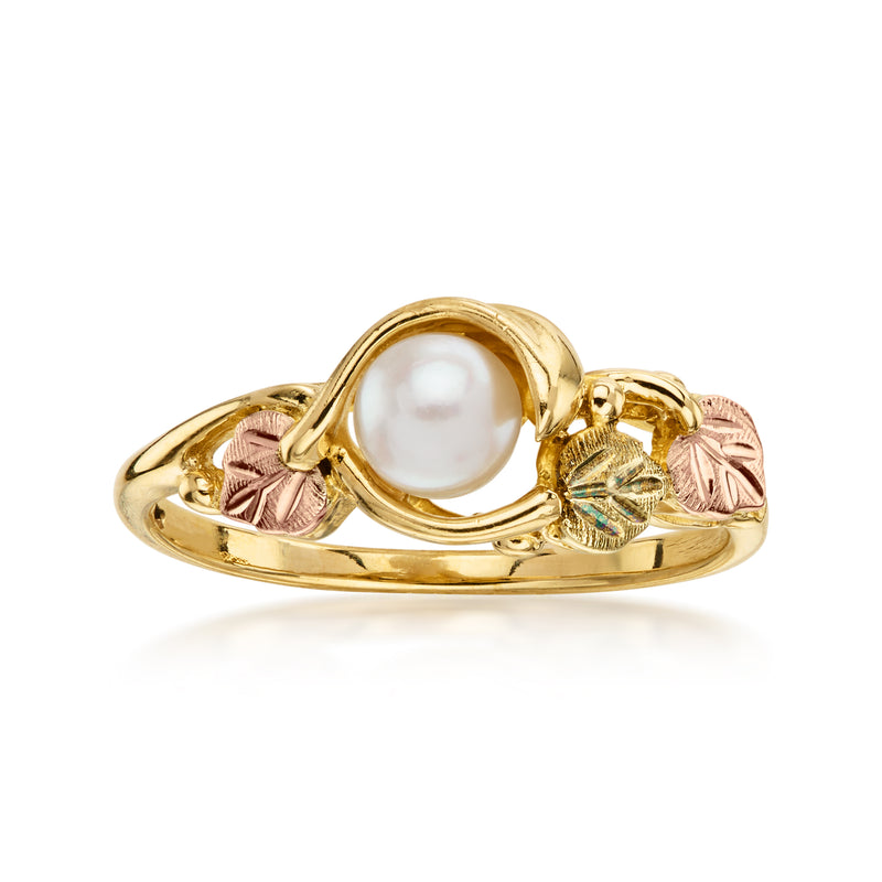C. 1980 Vintage 5mm Cultured Pearl Leaf Ring in 10kt Two-Tone Gold. Size 6.5