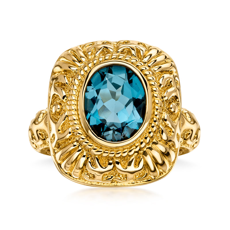 C. 2000 Vintage 3.00 Carat London Blue Topaz Etched Ring in 14kt Yellow Gold. Size 6.5