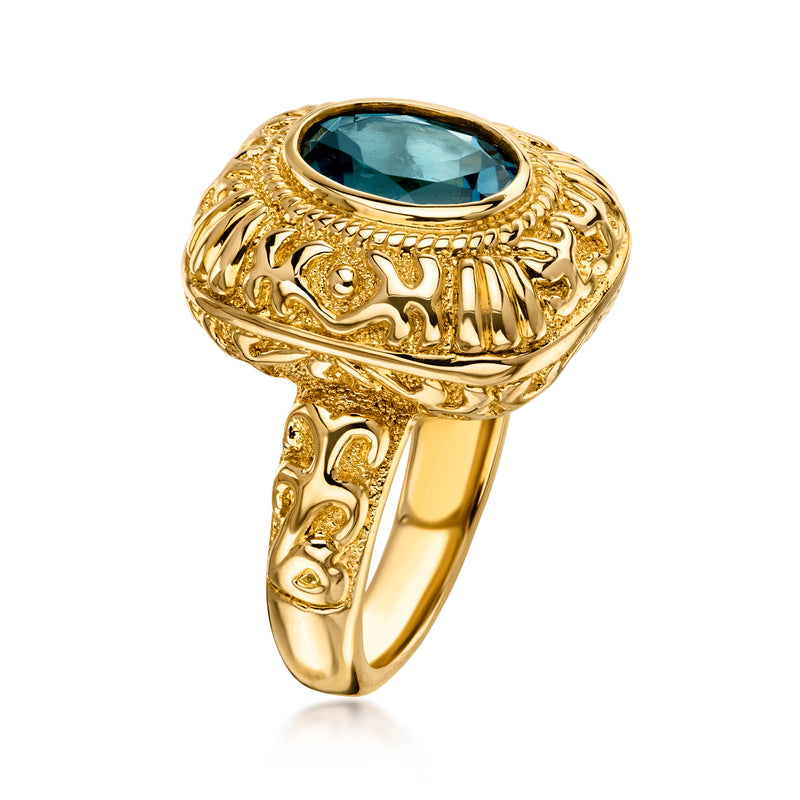 C. 2000 Vintage 3.00 Carat London Blue Topaz Etched Ring in 14kt Yellow Gold. Size 6.5
