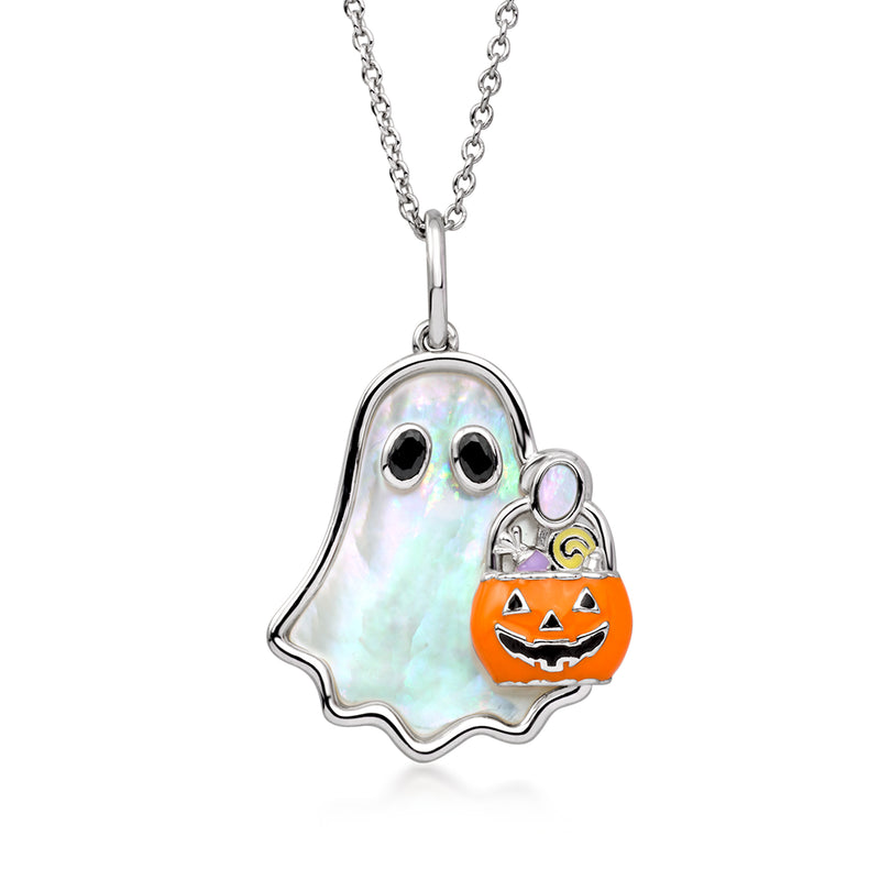 Mother-of-Pearl and .50 ct. t.w. Black Spinel Trick-Or-Treat Ghost Pendant Necklace in Sterling Silver