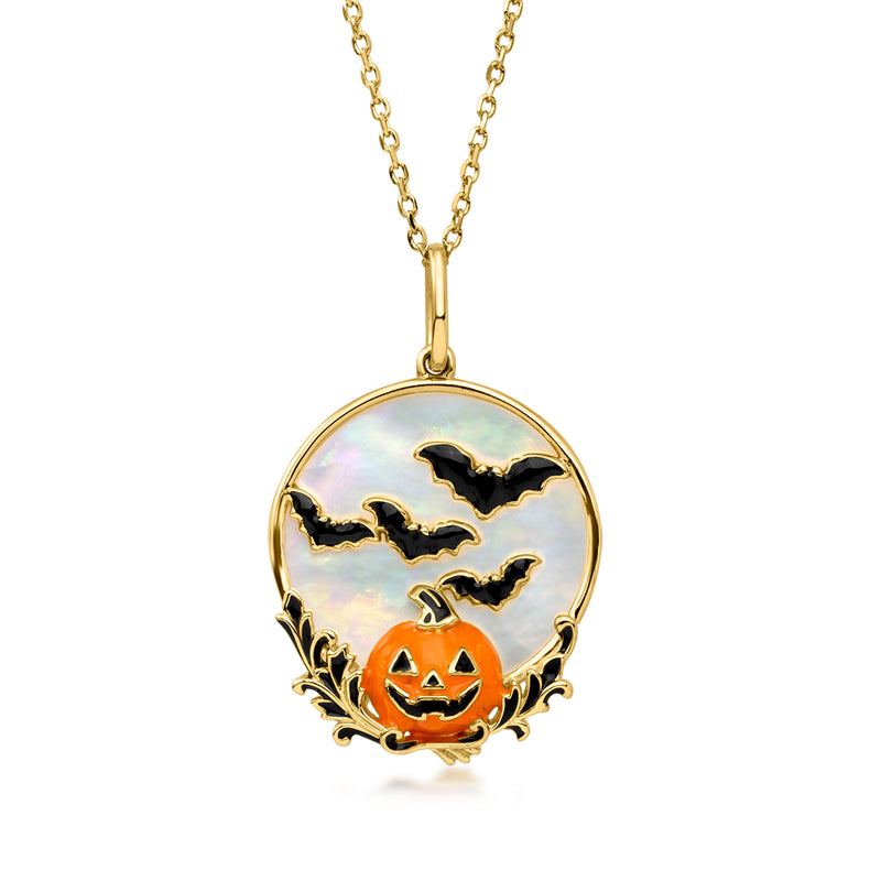 Mother-of-Pearl Harvest Moon Pendant Necklace with Black and Orange Enamel in 18kt Gold Over Sterling