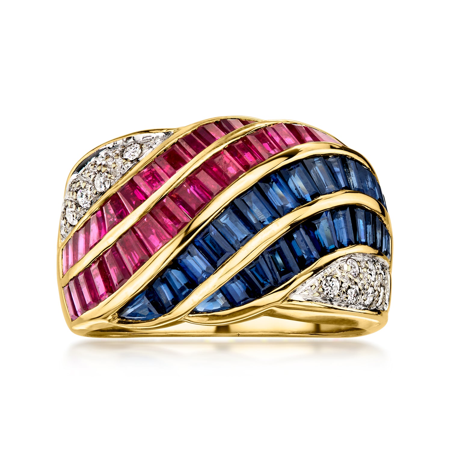 C. 1990 Vintage Le Vian 2.20 ct. t.w. Ruby, 2.20 ct. t.w. Sapphire and .25 ct. t.w. Diamond Ring in 18kt Yellow Gold