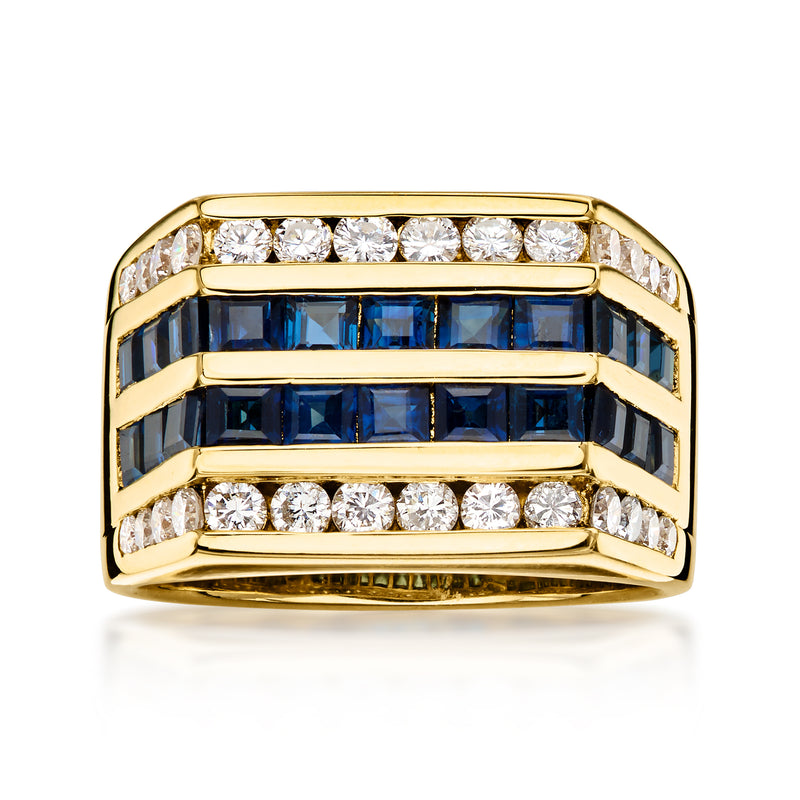 C. 1980 Vintage 2.19 ct. t.w. Sapphire and .66 ct. t.w. Diamond Multi-Row Ring in 18kt Yellow Gold. Size 5.75