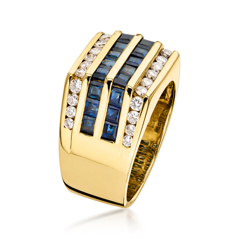 C. 1980 Vintage 2.19 ct. t.w. Sapphire and .66 ct. t.w. Diamond Multi-Row Ring in 18kt Yellow Gold. Size 5.75