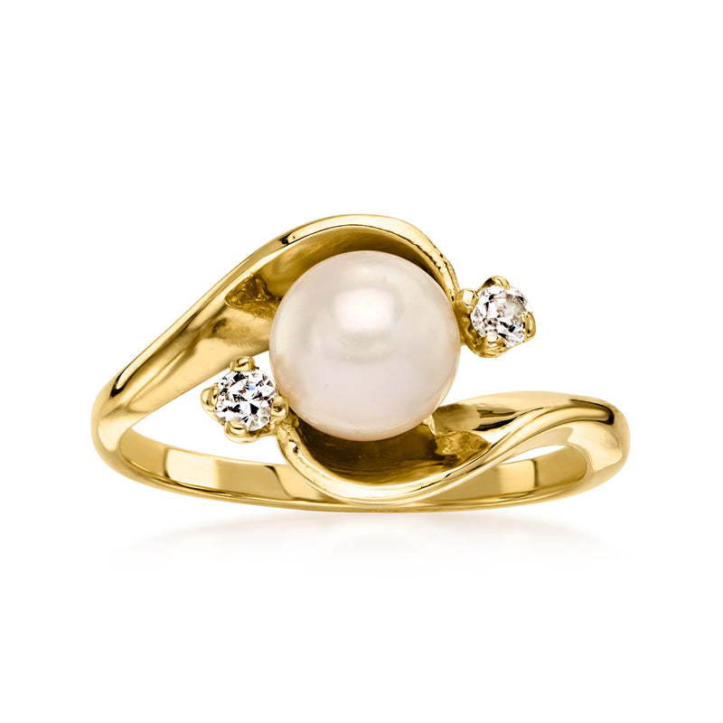 C. 1980 Vintage 6.5mm Cultured Pearl Swirl Ring with Diamonds in 14kt Yellow Gold. Size 5.75