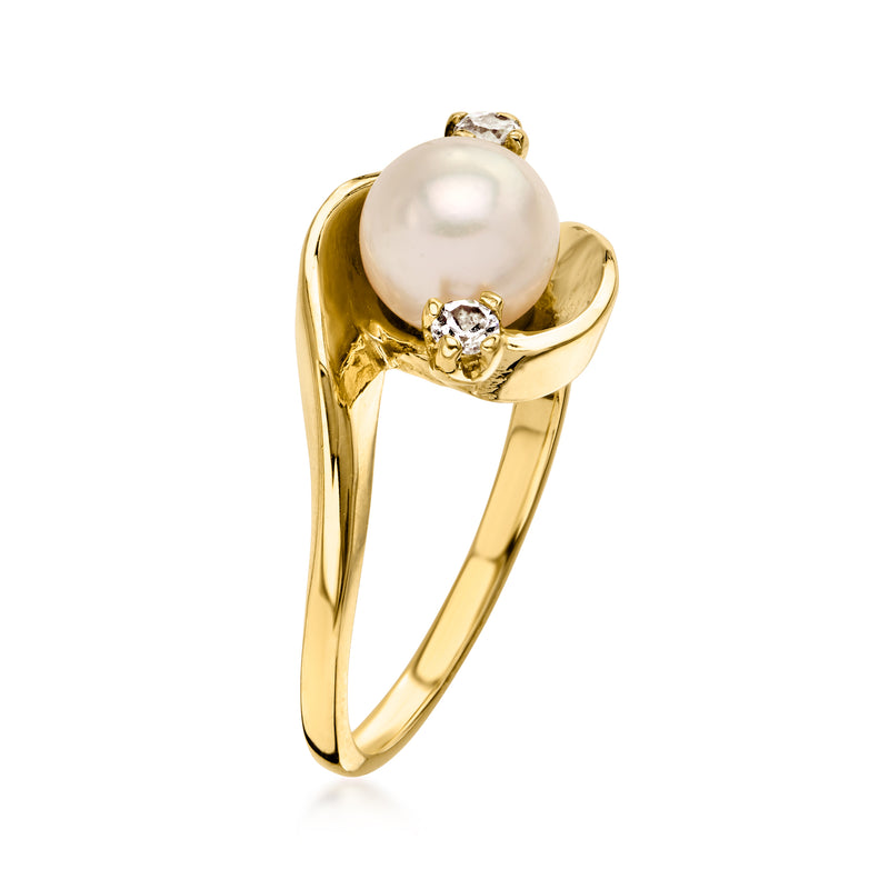 C. 1980 Vintage 6.5mm Cultured Pearl Swirl Ring with Diamonds in 14kt Yellow Gold. Size 5.75