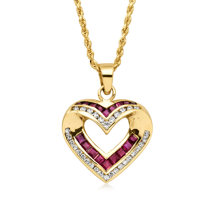 C. 1980 Vintage 2.00 ct. t.w. Ruby and .80 ct. t.w. Diamond Heart Pendant Necklace in 14kt Yellow Gold. 18"