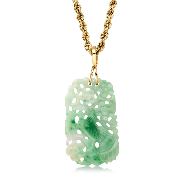 C. 1970 Vintage Carved Jade Pendant Necklace in 14kt Yellow Gold. 18"
