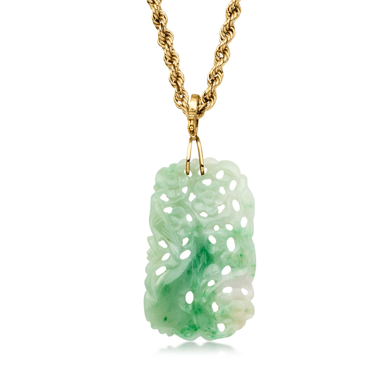 C. 1970 Vintage Carved Jade Pendant Necklace in 14kt Yellow Gold. 18"