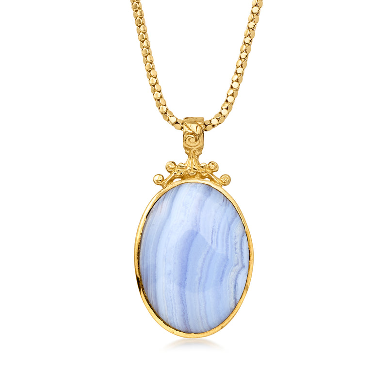 C. 1997 Vintage Blue Chalcedony and Red Jasper Reversible Pendant Necklace in 9kt Gold with British Hallmark. 18"
