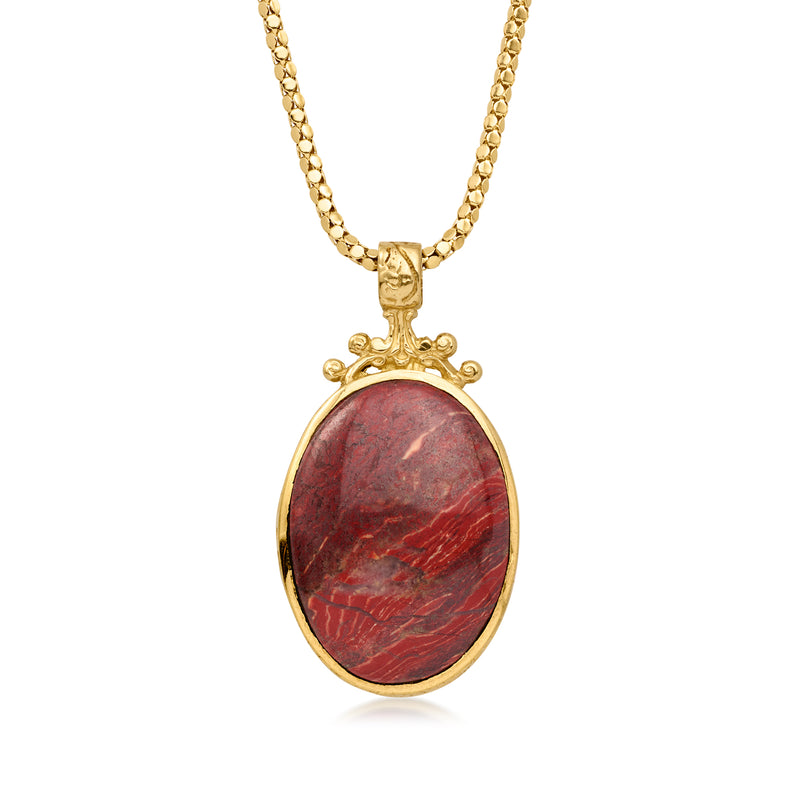 C. 1997 Vintage Blue Chalcedony and Red Jasper Reversible Pendant Necklace in 9kt Gold with British Hallmark. 18"