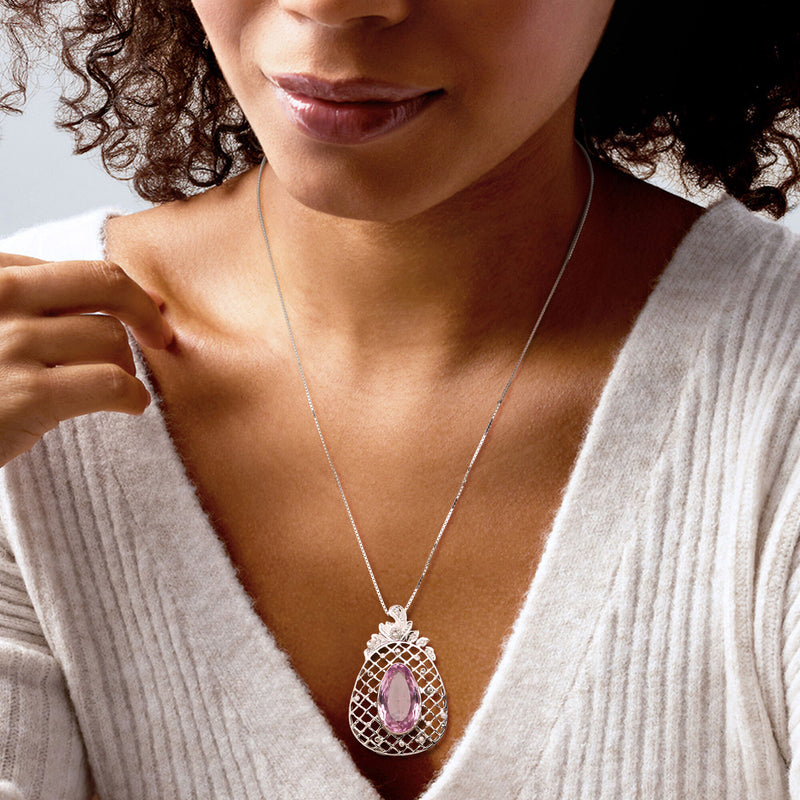 C. 2000 Vintage 15.50 Carat Kunzite Openwork Pendant Necklace with .45 ct. t.w. Diamonds in Platinum. 20"