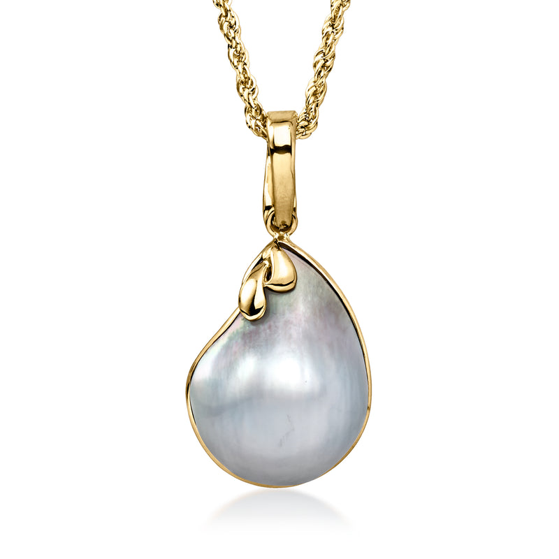 14kt yellow gold chain necklace with gray teardrop pearl pendant