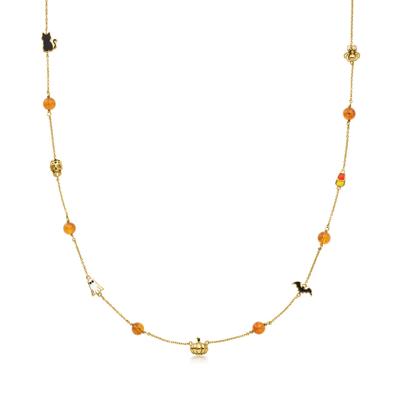 14kt Yellow Gold-Plated Halloween Station Necklace with Multicolored Enamel and 6mm Amber Beads
