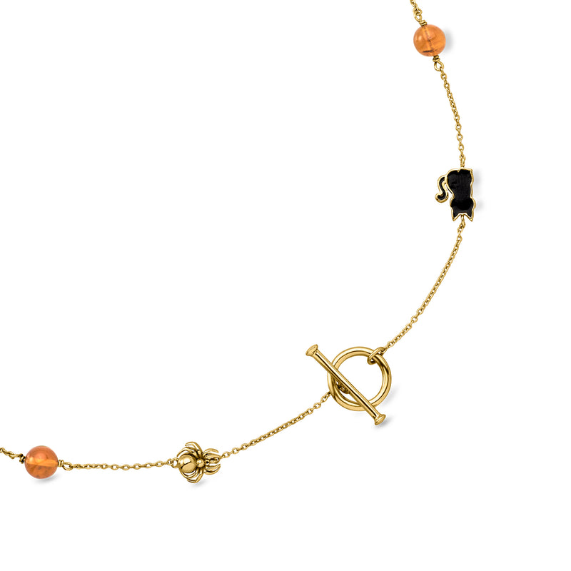 14kt Yellow Gold-Plated Halloween Station Necklace with Multicolored Enamel and 6mm Amber Beads