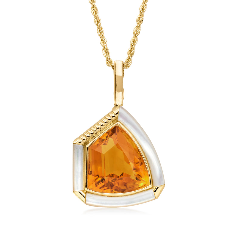 C. 1980 Vintage 20.00 Carat Citrine Pendant Necklace with Mother-of-Pearl in 14kt Yellow Gold. 18"