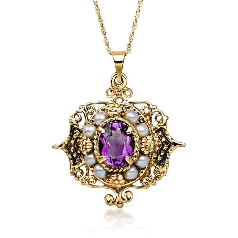 14kt yellow gold pendant necklace with oval amethyst and white cultured pearls