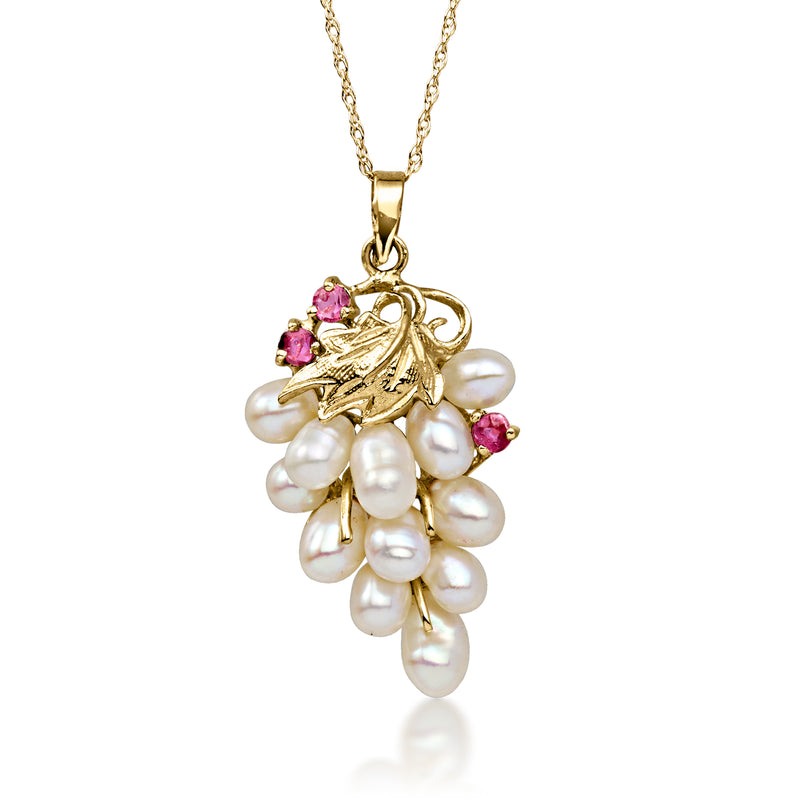 14kt yellow gold grape pendant necklace with cultured pearls and ruby accents