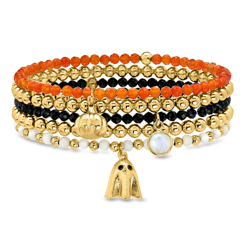 Multi-Gemstone and 14kt Yellow Gold-Plated Jewelry Set: Five Bead Stretch Bracelets with Halloween Charms