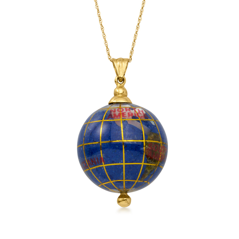 C. 1980 Vintage Multi-Gemstone Inlay Globe Pendant Necklace in 14kt Yellow Gold. 18"