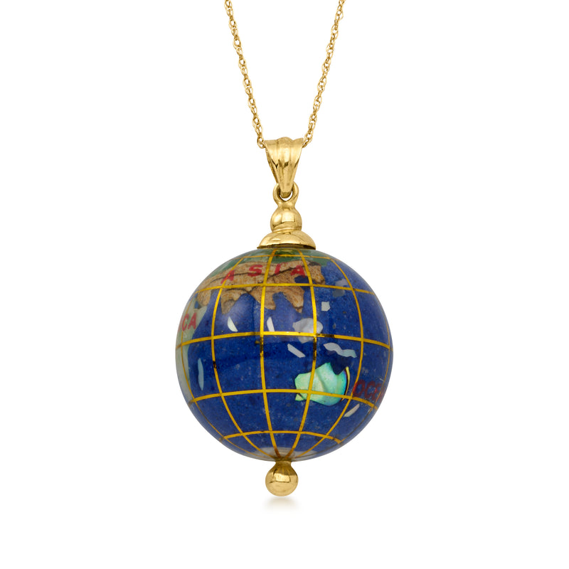 C. 1980 Vintage Multi-Gemstone Inlay Globe Pendant Necklace in 14kt Yellow Gold. 18"