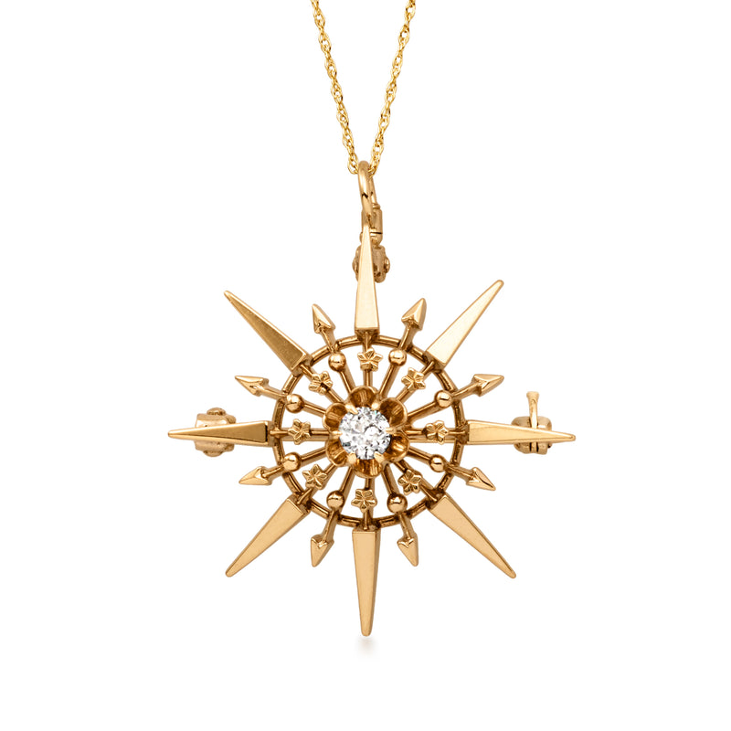 C. 1950 Vintage .20 Carat Diamond Starburst Pin/Pendant Necklace in 14kt Yellow Gold. 18"