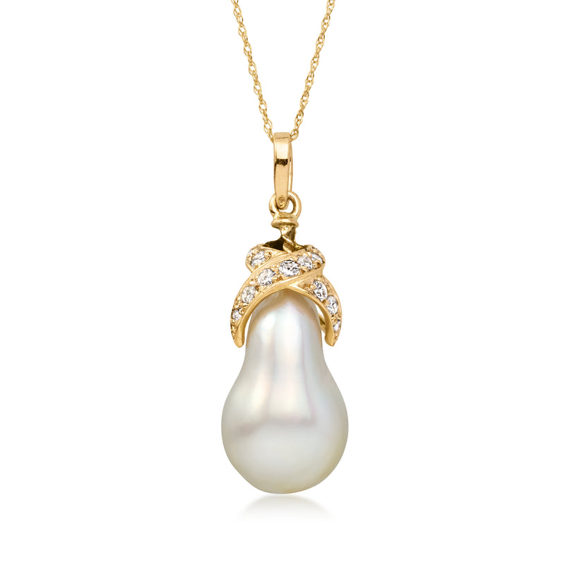C. 1980 Vintage 23x10mm Cultured Baroque Pearl and .30 ct. t.w. Diamond Pendant Necklace in 14kt Yellow Gold. 18"