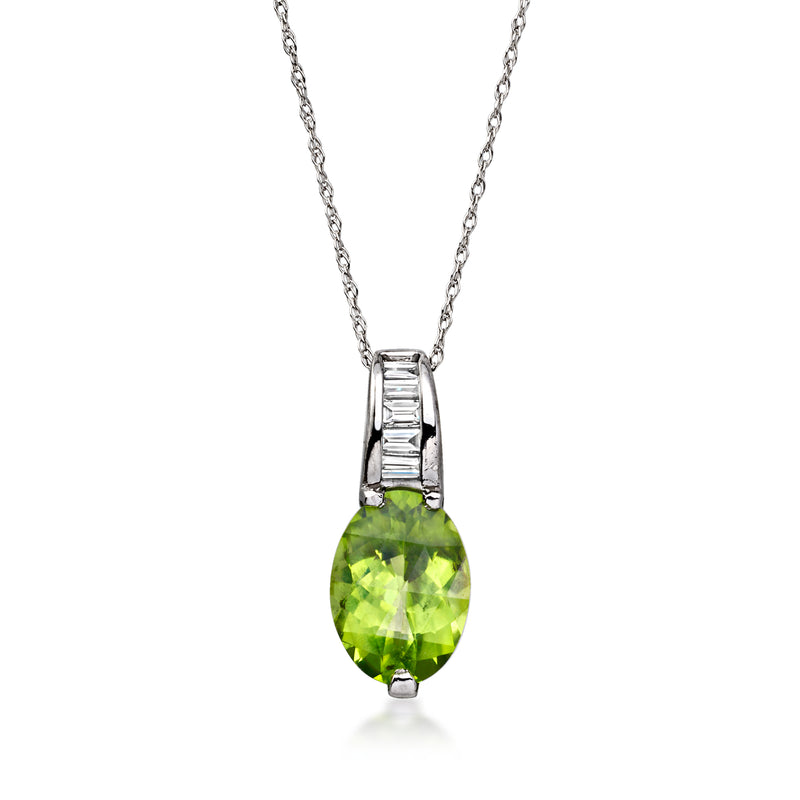 Platinum pendant necklace with oval peridot and small diamond accents