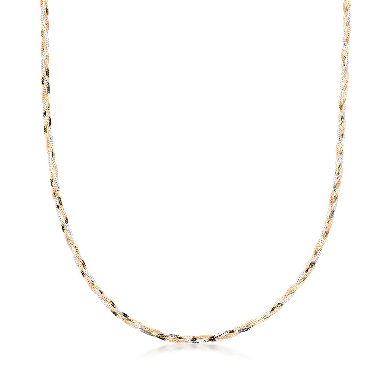 C. 1980 Vintage 14kt Tri-Colored Gold Braided Herringbone Necklace. 20"