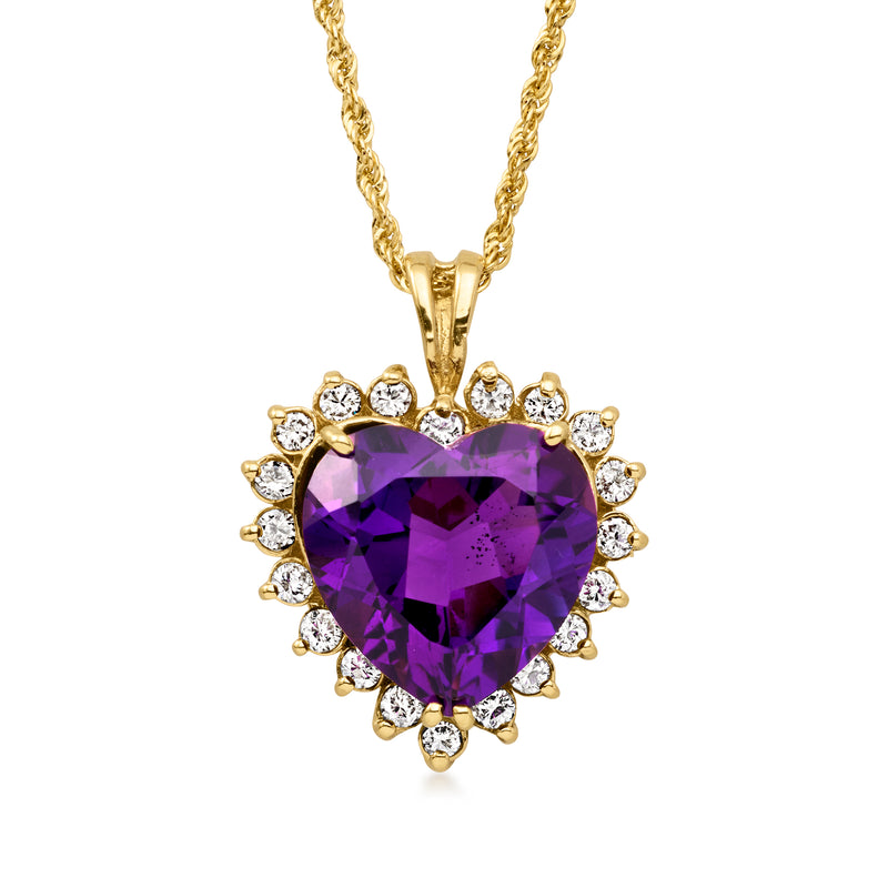 C. 1980 Vintage 12.25 Carat Amethyst Heart Pendant Necklace with 1.00 ct. t.w. Diamonds in 14kt Yellow Gold. 18"