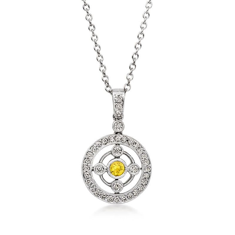 Round pendant necklace in white gold with yellow center sapphire and diamond halo