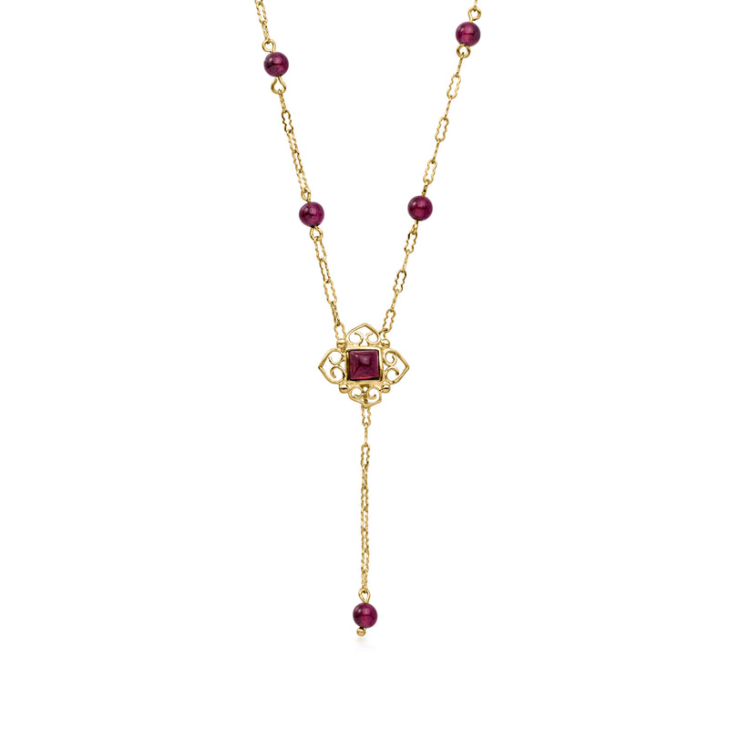 14kt yellow gold Y-necklace with maroon garnet bead stations and heart pendant