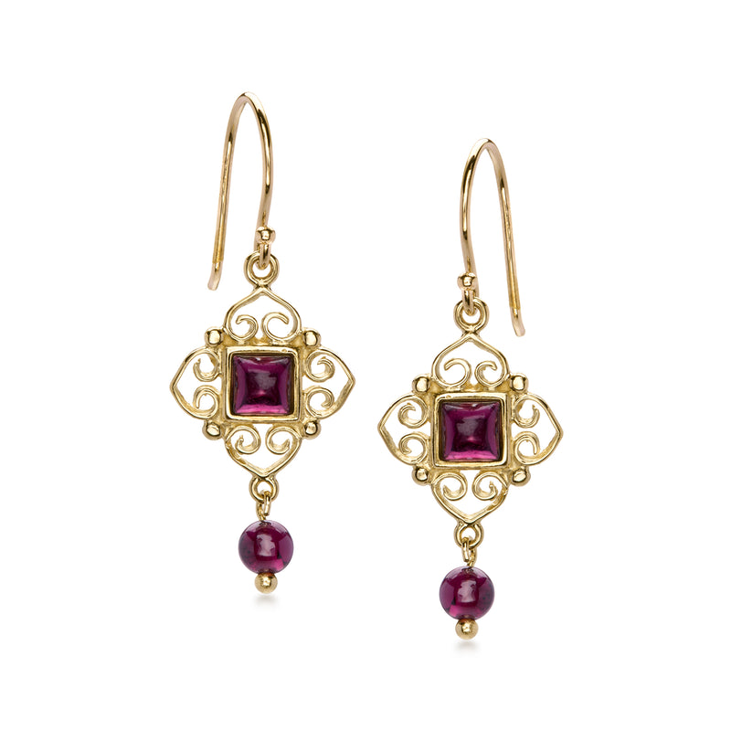 14kt yellow gold garnet drop earrings with purple square stones and bead drops